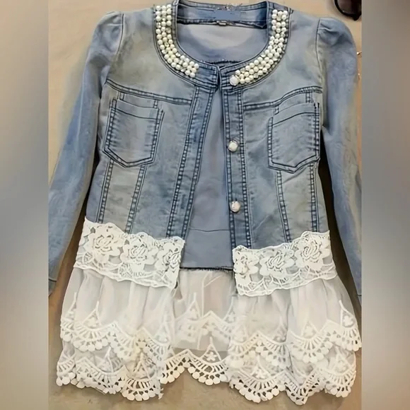 Pearl Embellished Denim Jacket with Lace Trim - Picture 1 of 5